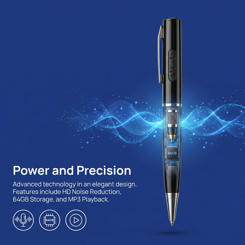 64GB Voice Recorder Pen, One-Touch Recording & MP3 Player, HD Noise Reduction, Playback While Writing, Ideal for Business Meetings, Interviews, Students