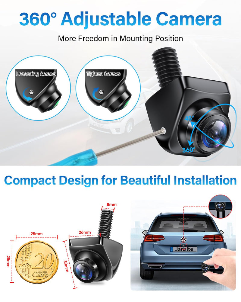 AHD 1080P Backup Camera 360°Rotatable Back up Camera for Cars Reverse Camera for Truck Super Night Vision IP69K Waterproof Rear/Front/Side View Camera w 170° Wide Angle Reverse Line, No Drilling