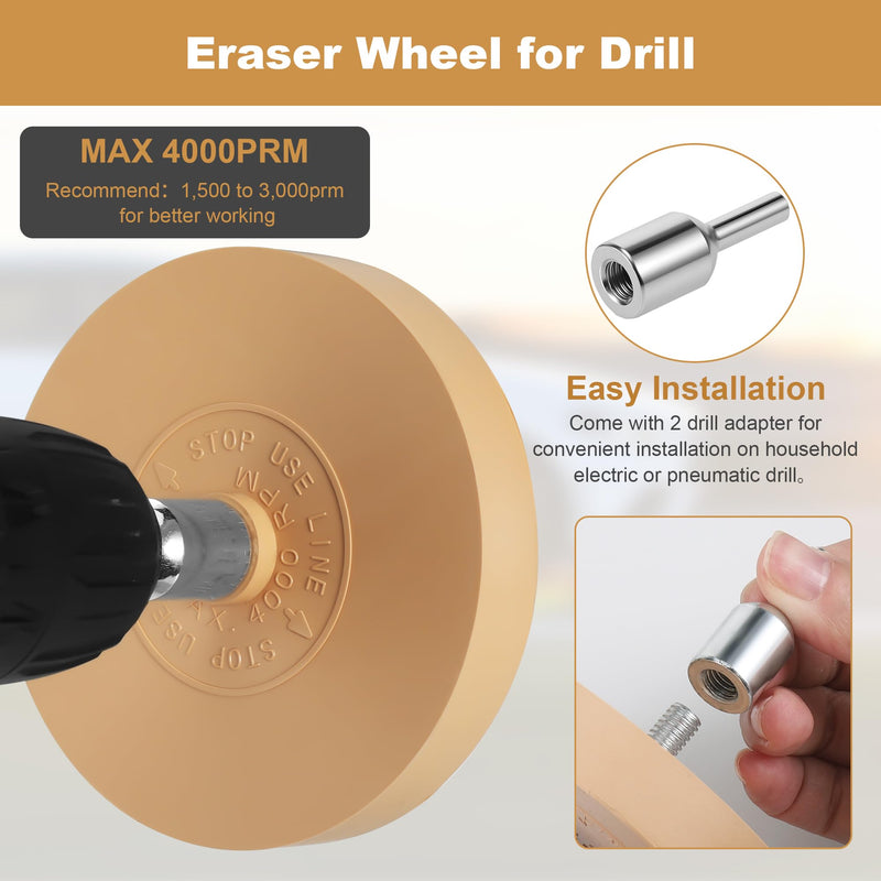 2pcs Rubber Eraser Wheel for Drill, Professional Car Sticker Remover Tool with 1 Plastic Scraper and Drill Adapters, Auto Decal Remover Wheel, Rapid Tint Removal Kit for Car Sticker Glue Vinyl Eraser 3.5 Inch