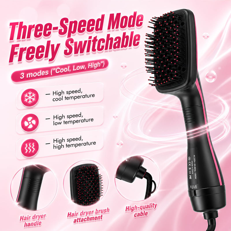3 in 1 Hair Dryer Brush,Hot Air Styling Brush with Negative Ion,Hairdryer Straightener Brush with 3 Heat/2 Speed Settings,Scalp Massage Function for Frizz-Free Salon (Black + red) Black + Red