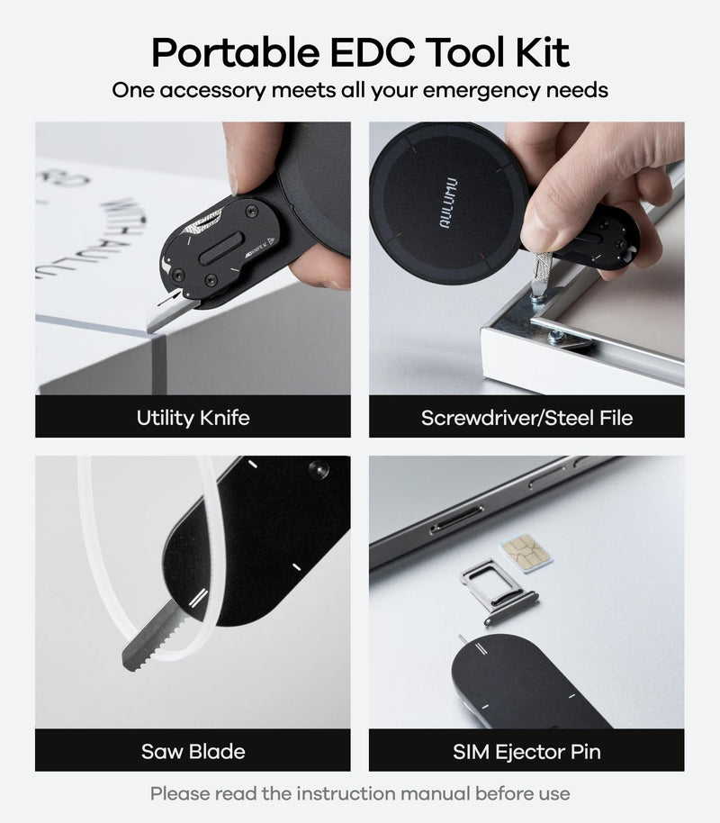 Aulumu G05 Pro Magnetic Phone Kickstand with EDC Multi-tool | Rotation Angle Adjustment | Ultra Light & Ultra Thin | with Screwdriver/Steel File/Saw Blade/SIM Ejector Pin/Utility Knife - Black