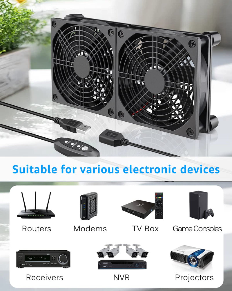 GDSTIME 240mm Router Fan Cooler with L/M/H Speed Control DC 5V USB Powered | Quiet Dual 120mm USB Computer Fan, for Router, Modem, Receiver, DVR, PlayStation, Xbox, Amplifier, Laptop, AV Cabinet Cooling 240mm USB Fan