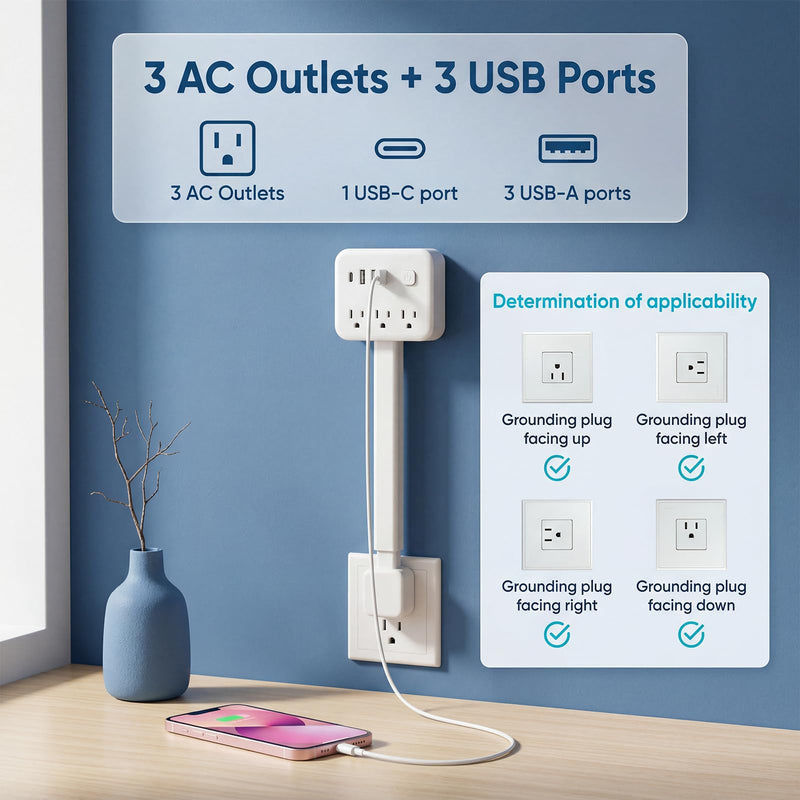 GIRAVO Extendable Outlet, Wall Plug Extension for Behind Couch, Sofa | 17.5-25.6in, 180 Degree Rotating Plug, 3 AC Outlets, 2 USB-A + 1 USB-C