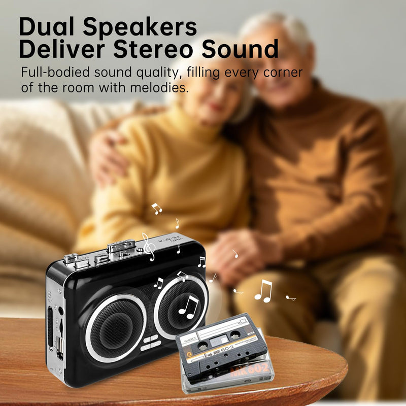 Cassette Player Recorder, Portable Cassette Tape Player with Built-in Dual Speakers, Auto Reverse, Cassette to MP3 Converter,Rewind Stereo Cassette（Black） Black