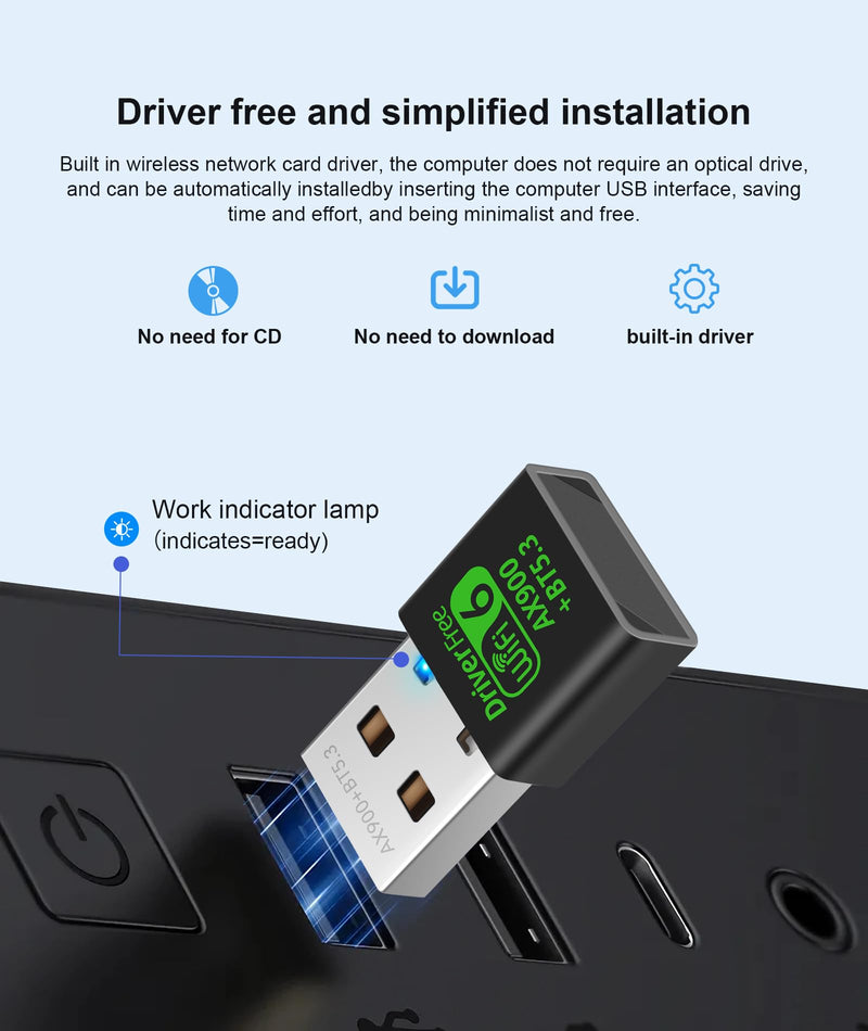 AX900M USB WiFi 6 Adapter for Laptop,2 in 1 Bluetooth 5.3 Dual Band 5/2.4Ghz Wireless Network Adapter,Built-in Driver for PC/Laptop/Desktop 4dBi Antenna Compatible with Windows 10/11 AX907B