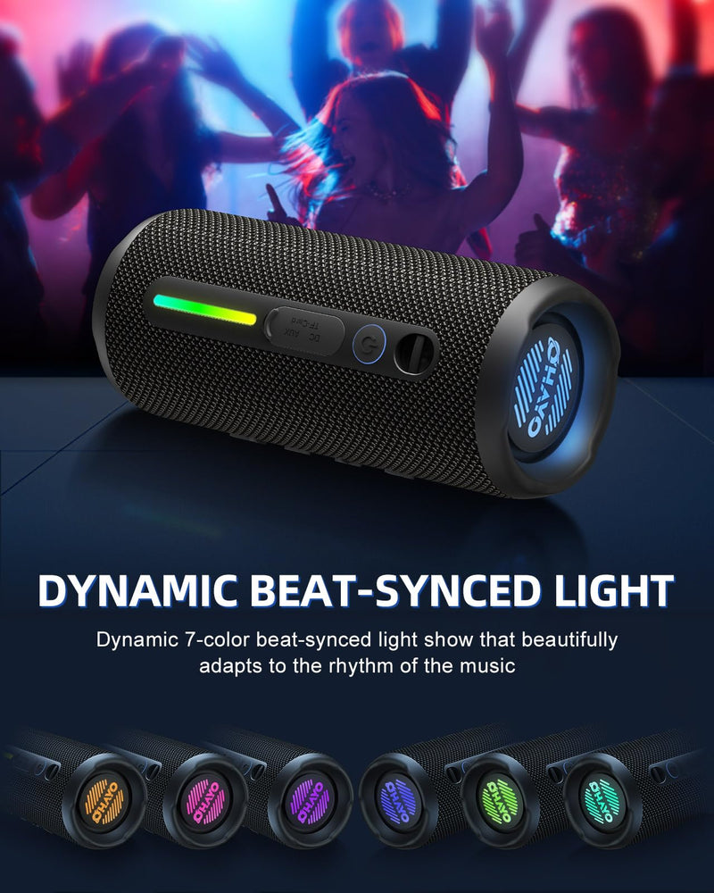 OHAYO Portable Bluetooth Speaker, IPX7 Waterproof, 24W Stereo, LED Lights | IPX7 waterproof, 30H playtime, TWS pairing, RGB lights, Bluetooth 5.3 - pool, beach, camping, shower Black