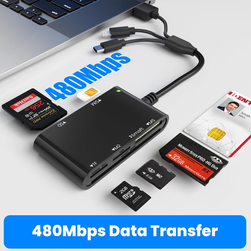 7 in 3 SIM Card Reader, Smart Card Reader with USB C/USB A/Lightning, Military CAC & PIV Card Reader, SD/TF/M2/IC/MMC/Memory Stick Pro Duo Adapter for iPhone/Windows/Mac/Linux/Computer