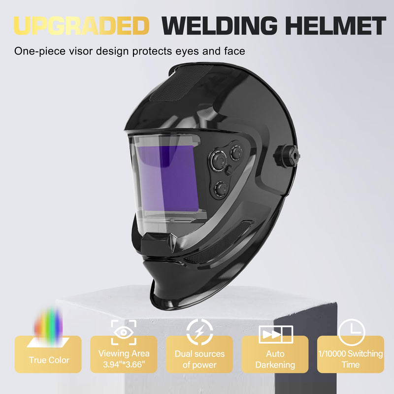 Auto Darkening Welding Helmet, Large Viewing Welding Hood with 4 Arc Sensor Wide Shade 4~5/9-9/13 for TIG MIG Arc Weld Grinding Welding Mask glossy black pro