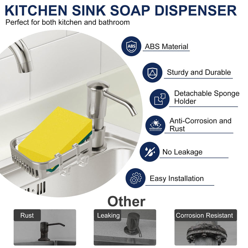 Soap Dispenser for Kitchen Sink, Built in Sink Soap Dispenser Pump with Sponge Holder, Brushed Nickel ABS Sink Dish Soap Dispensers Under Counter, with 39" Extension Tube Kit,No Refill Needed