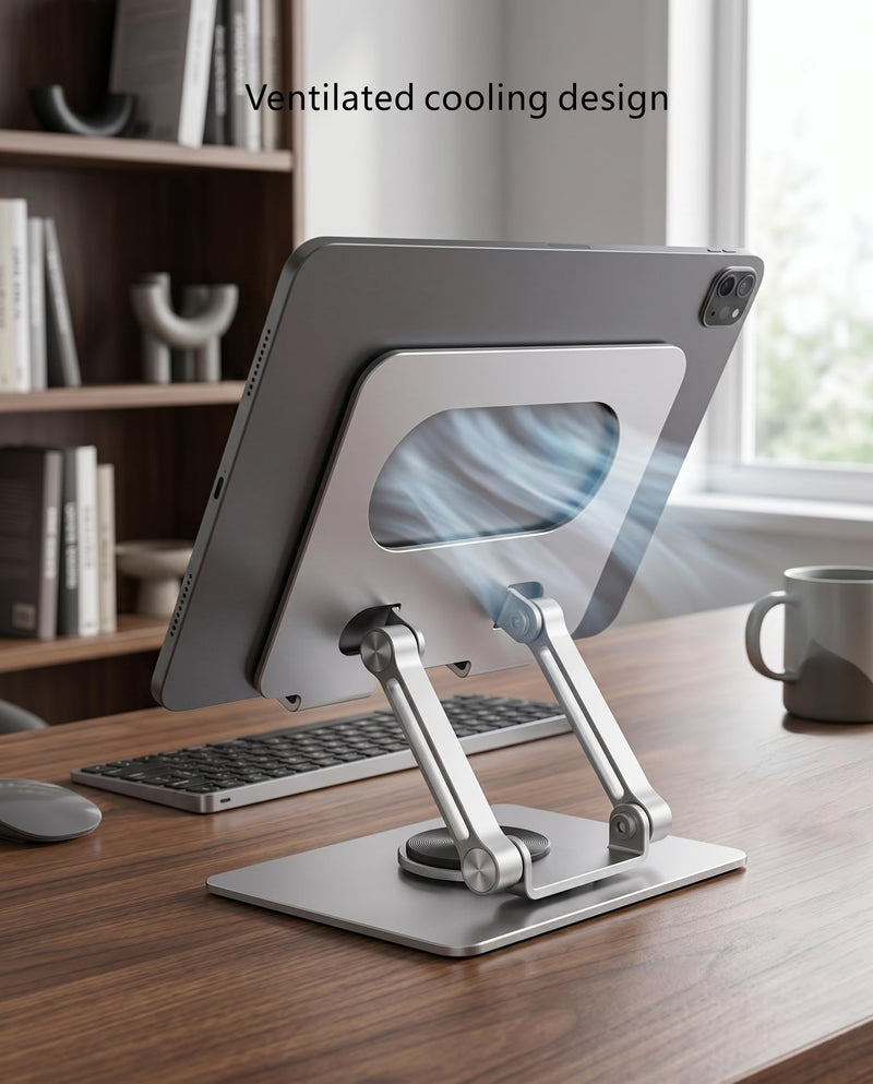 Rotating Foldable Tablet and Phone Stand Holder, Silver, Desktop Use | 360 Degree Rotation, Foldable, Stepless Angle/Height Adjustment, Heat Dissipation, Compatible with Devices from Approx. 4.7