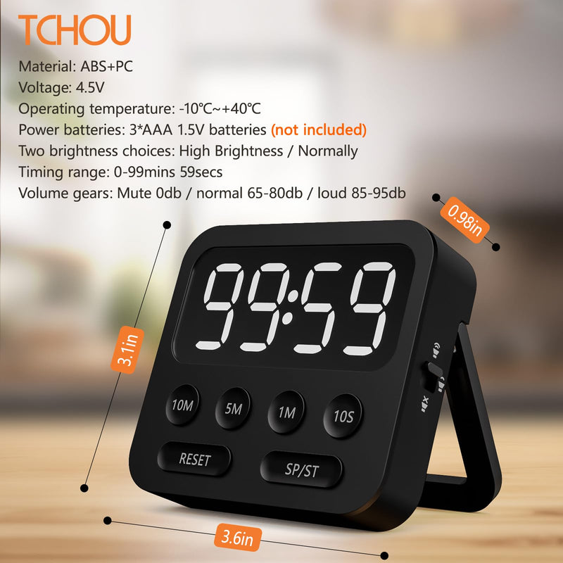 Digital Kitchen Timer with Stopwatch and Countdown Function - Magnetic Classroom Timer for Kids with Large LED Display and Adjustable Volume for Cooking, Exercise, Baking, Desk Black