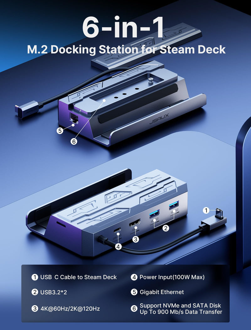 JSAUX Steam Deck Dock with 100W Charger, 6-in-1 M.2 Docking Station for Steam Deck/ROG Ally, 4K@60Hz HDMI, Gigabit Ethernet, PD 100W, 10Gbps USB A&C 3.2, M.2 Slot (Up to 2TB)-HB0604 (SSD Not Included)