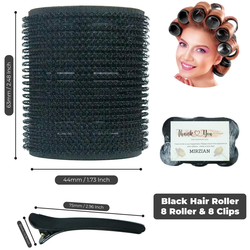 16 Pcs Jumbo Hair Rollers Set - 8 Heatless Self Grip Curlers, 8 Duckbill Clips, Black Hair Curlers for Long Hair,No Heat Rollers (44mm), Pack of 1