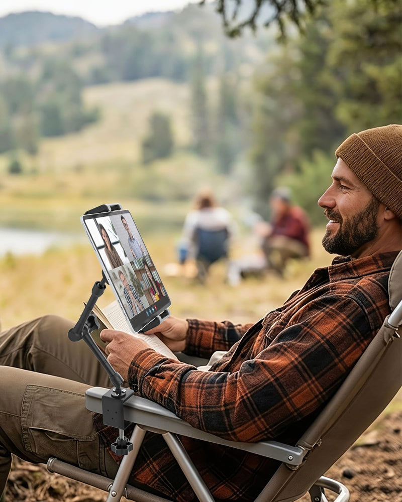 Camping Tablet Holder, Adjustable Clip-on Stand for RV & Picnic | C-clamp fits 2.36" surfaces, 360° rotatable, tool-free installation, compatible with 6–15.6" phones & tablets
