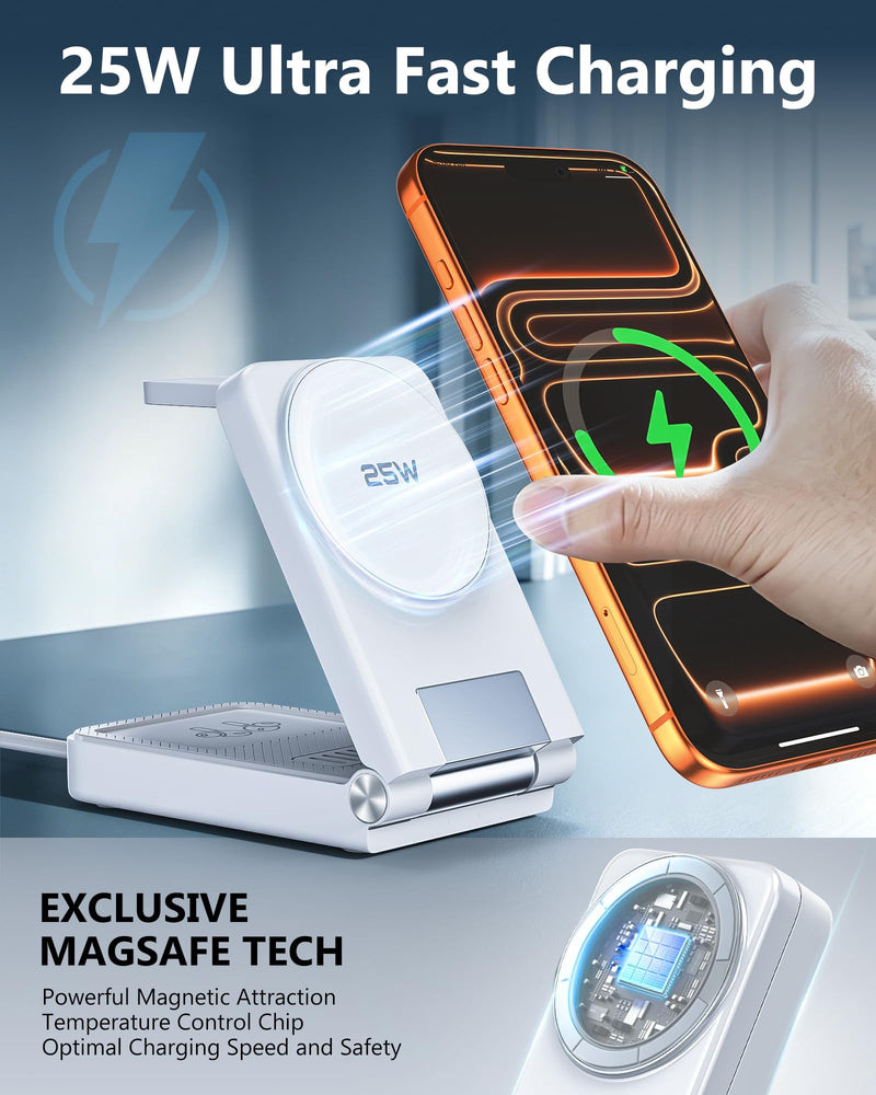 25W 3 in 1 Charging Station,Foldable MagSafe Fast Magnetic Wireless Charger | For Apple Multiple Devices, Travel Charger Stand for iPhone 17 16 15 14 13 12 Series/Watch 11-8/AirPods 4/3/2/Pro