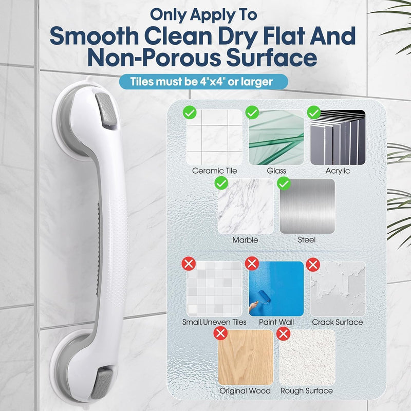 Auroras Strong Suction Cup Grab Bars for Bathtubs and Showers, 2 Pack Removable Heavy Duty Shower Grab Bars for Seniors No Drilling, 16 Inch Non-Slip Shower Handles for Elderly,Children,Injured Gray