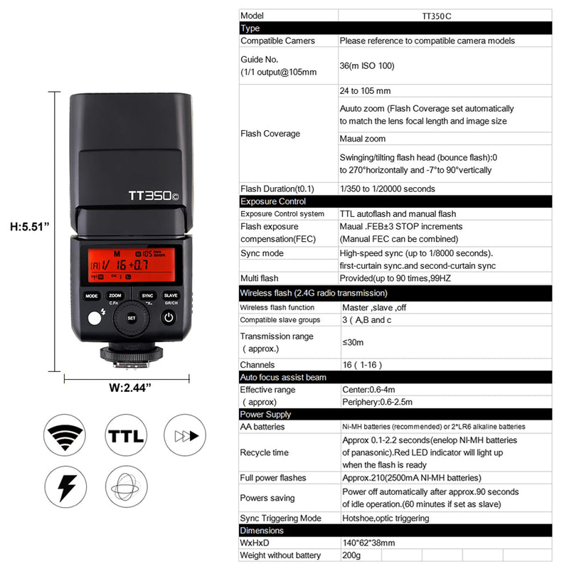 Godox TT350C Flash for Canon Camera, GN36 2.4G Wireless Canon Speedlight 1/8000s HSS Speedlite, Mini TTL External Flash for Photography