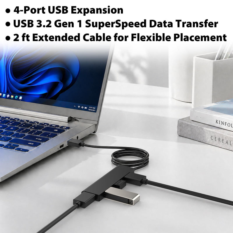 Cyberguys USB Hub 4 Ports, USB 3.2 Gen 1 5Gbps Multi Adapter Splitter | USB-A Power Port, Expansion Hub for Laptop, PC, MacBook, Flash Drive, Keyboard, Mouse, includes 2 ft Cable