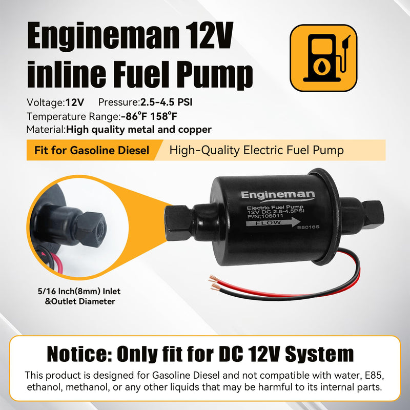 Universal Electric Fuel Pump 12V 2.5-4.5 PSI Inline External 5/16 Inch Compatiable with Gas Diesel Marine Carburetor Marine E8016S E8016S 2.5-4.5 PSI