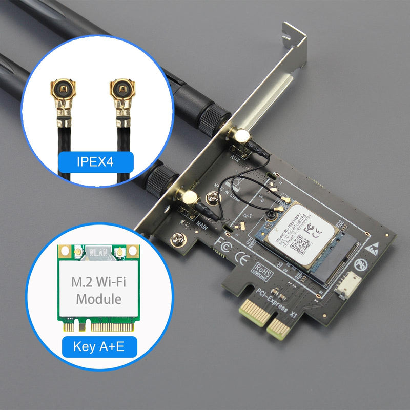 GLOTRENDS WA01 M.2 E Key to PCIe X1 WiFi Bluetooth Adapter for M.2 WiFi 4/5/6/6e/7/Coral TPU Module, with 6-dBi SMA Antenna Kits M.2 Key E to PCIe