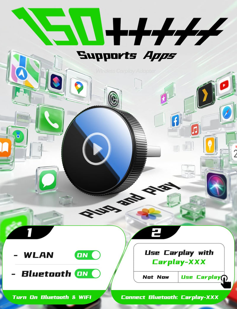 Mini Wireless CarPlay Adapter for iPhone, 2nd Generation, Fast Auto Connection, Plug & Play, Stable for Apple Carplay Wireless Adapter, for Apple Car Play USB Suitable for 900+ Vehicles(Matte Black)