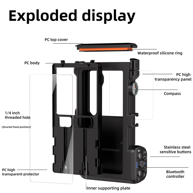 Diving Case for iPhone & Galaxy, 49FT/15M, Bluetooth Shutter | Anti-drop housing helps protect the phone for underwater photos while snorkeling or diving and comes in black-orange. Black Orange