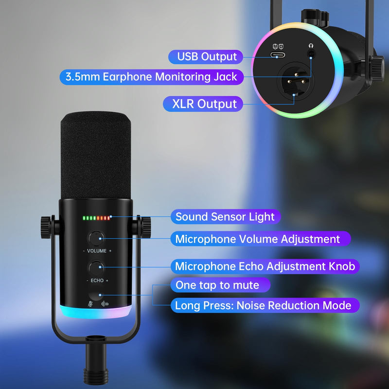 XLR USB Dynamic Microphone with RGB Light, Volume Control, Mute Button, Echo Function, Headphone Monitoring Jack. Compatible with Mixers, Sound Cards, MAC, PC Black