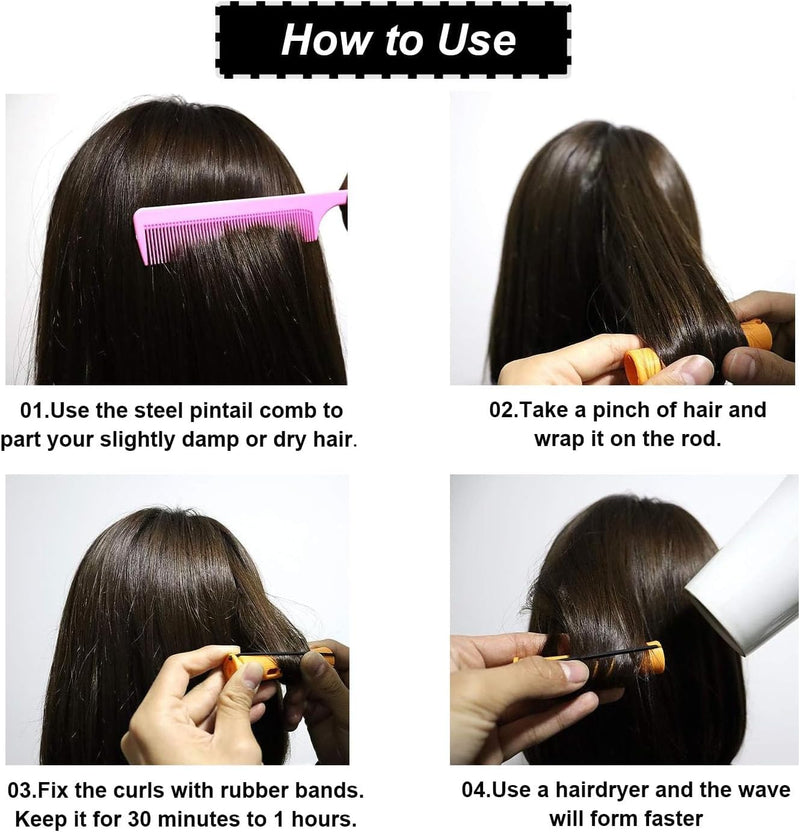 60 Pcs Hair Perm Rods Set Short Plastic Perming Rods Cold Wave Rods, 6 Sizes Hair Curling Rollers Hairdressing Tools with Tail Comb Steel Pintail Hair Comb for Hairdressing Hair Styling