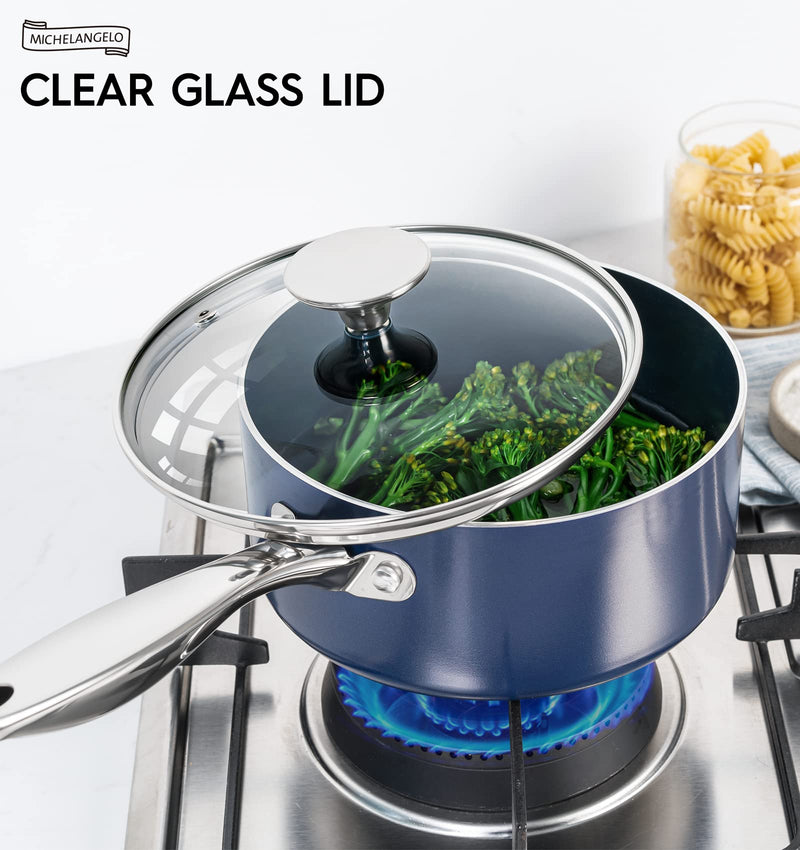 MICHELANGELO 1 Quart Saucepan with Lid, Nonstick Ceramic Sauce Pan with Stainless Steel Handle, 1 Qt Saucepan with Lid Oven Safe, Blue