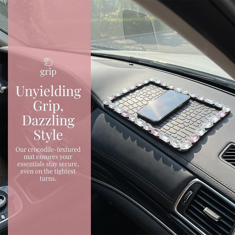 Craedli Bling Car Dashboard Anti-Slip Mat, Non-Slip Sticky Pad for Keys and Cell Phone, Rhinestone Vehicle Dash Decoration Accessories for SUV and Truck (White&Pink) White&Pink