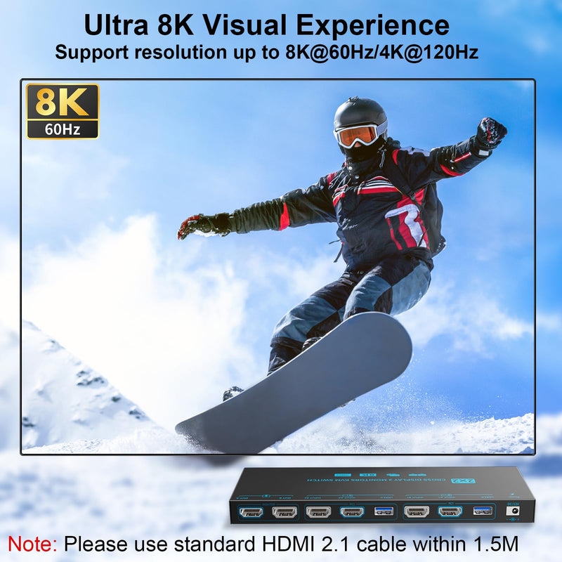 KVM/USB Dual Mode 8K Dual Monitor HDMI 2.1 KVM Switch 2 Monitors 2 Computers Cross Display 2 in 2 Out USB 3.0 KVM Support 8K@60Hz/4K@120Hz, with 2 HDMI Cables & 2 USB 3.0 Cables & Wired Remote Dual Mode 2 Monitors 2 PC