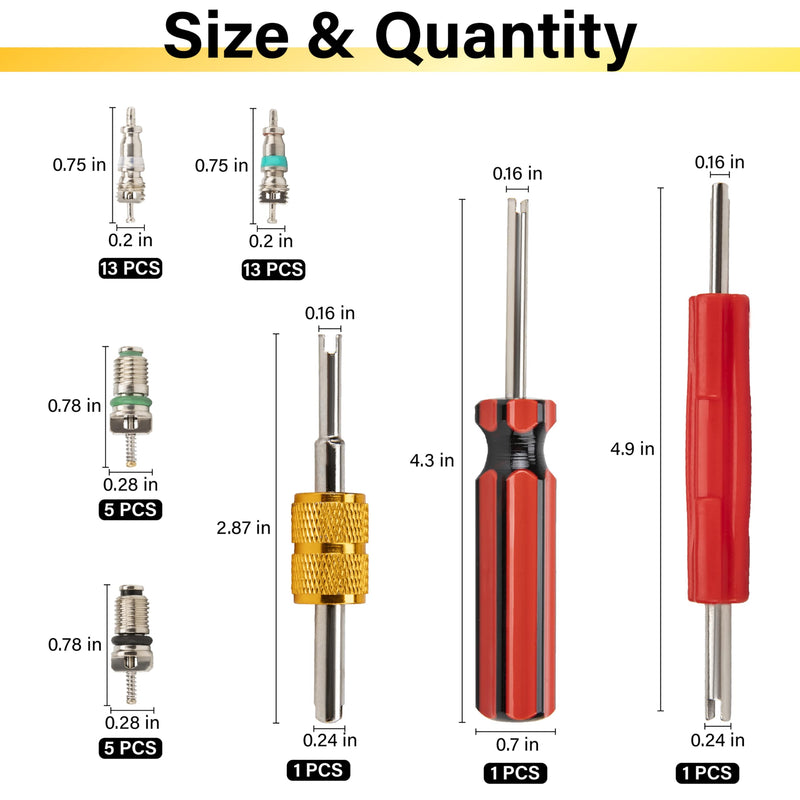 39 PCS Air Conditioning Valve Core Accessories Kit, R12 R134a Refrigeration Schrader Tire Valve Stem Cores with Single & Dual Heads Valve Core Remover Installer Tool, HVAC System Seal Caps Kit