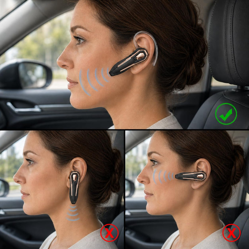 Gold Bluetooth Headset Single Ear Wireless Earpiece, 30H Talk Time, Dual MEMS Mics, Call Noise Reduction, Mute Button, USB-C, Voice Assistant, for Office Driving Cell Phones