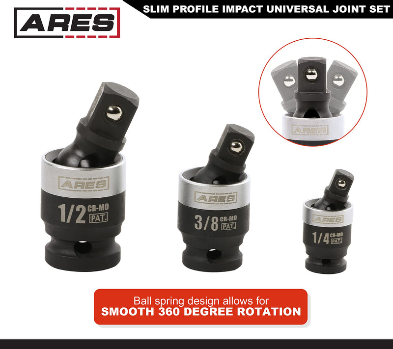 ARES 22036-3-Piece Slim Profile Impact Universal Joint Set - 1/4-Inch, 3/8-Inch and 1/2-Inch Drive Chrome Moly Steel Impact Grade U-Joint Sockets – Slim Body Profile for Superior Access 3-Piece Set Slim Impact Universal Joint