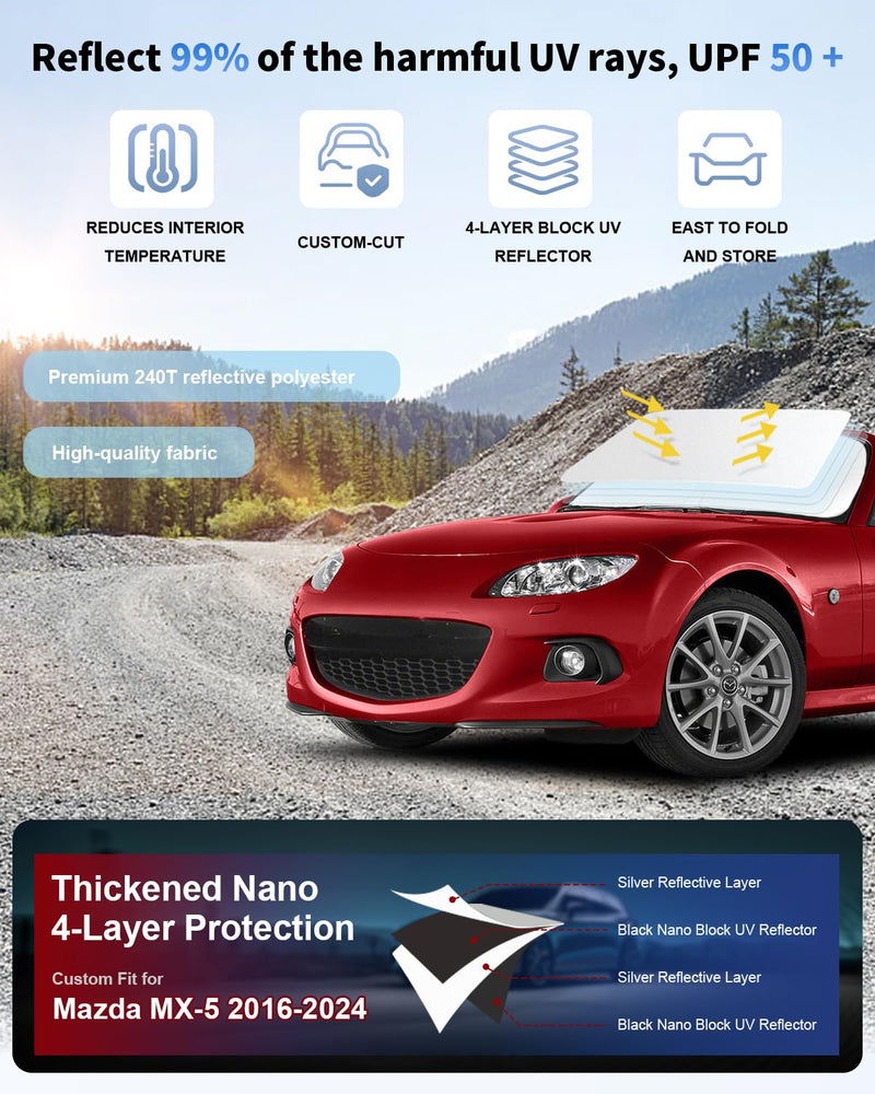 Sun Shade for Miata MX-5 Windshield Sunshade Front Window Shield Custom Fit Mazda Miata MX-5 Miata Coupe 2025 2024 2023 2022 2021-2016 Rf Grand Touring Accessories Sun Visor Protector Block UV Ray Fit Mazda 16-25 Miata MX-5