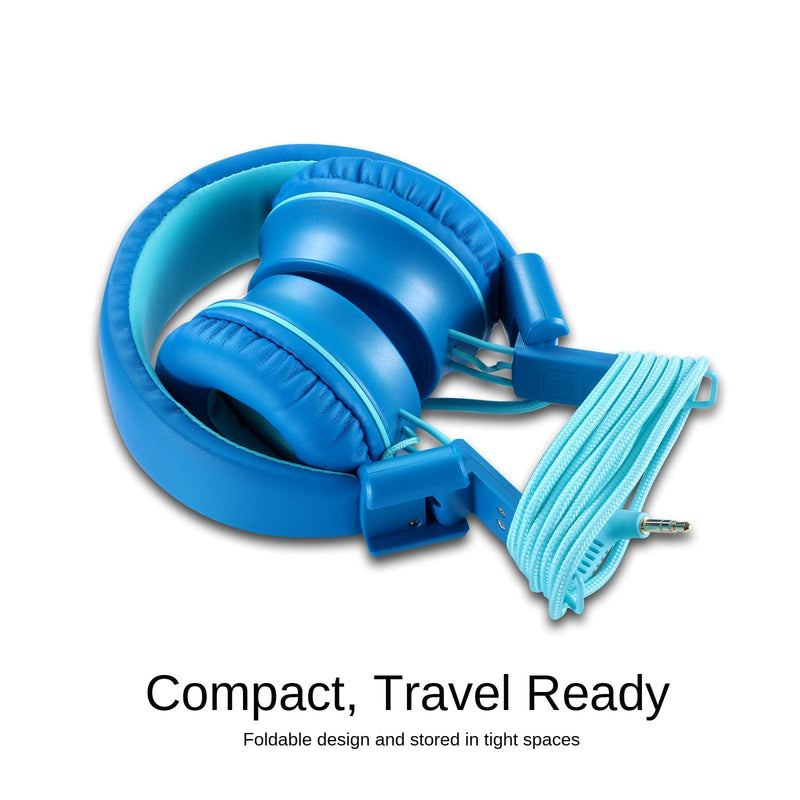 iRAG J01 Kids Headphones Foldable Stereo Tangle-Free 5ft Long Cord 3.5mm Jack Plug in Wired On-Ear Headset for iPad/Amazon Kindle Fire/Toddler/Boys/Girls/School/Laptop/Tablet(Ocean Blue) Ocean Blue