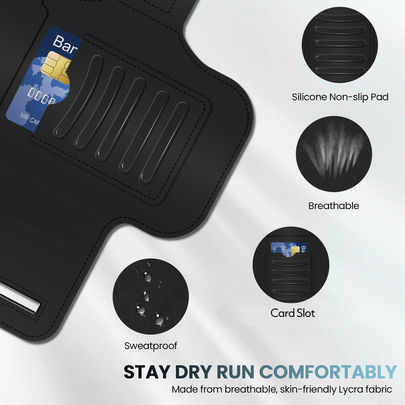 PORTHOLIC Running Armband Phone Holder with Earphone Pouch Fits up to 6.9" | Cell Phone Arm Bands for Runners Workout with Card Slot & Extension Strap for iPhone 17/16/15/14/13 Plus Air Pro Max XR/XS Black(Up to 6.9'')