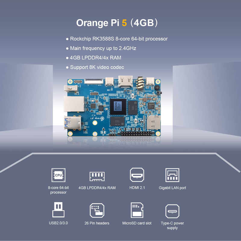 Orange Pi 5 4GB Rockchip RK3588S 8-Core 64 Bit Single Board Computer, Up to 2.4GHz and 8K Video Codec Support Development Board Run Orange Pi/Ubuntu/Debian/Android 12 OS (4GB+ Power Supply) 4GB+Power Supply