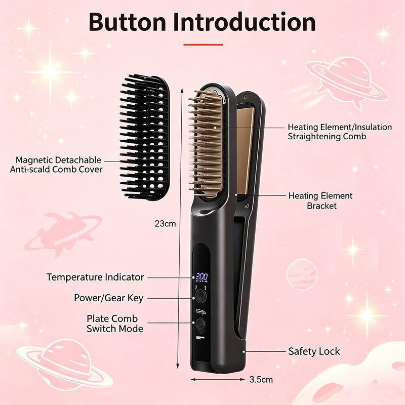  [AUSTRALIA] - Hair Straightening Brush, Cordless Tyre Straightening Brush | 2 in 1 Negative Ion Straightening Iron, Special Ionic Straightener Comb for Frizzy and Kinky Hair, Travel and Home (Black) Black