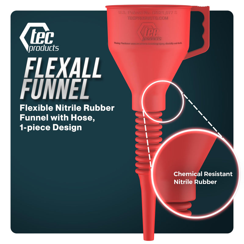 FlexAll Funnel - Long Flexible Funnel with Hose for Automotive Use - Nitrile Rubber Funnel with Handle for Oil Change and Transmission Fluid - Gas, Diesel, Oil Funnel for Cars Red Large