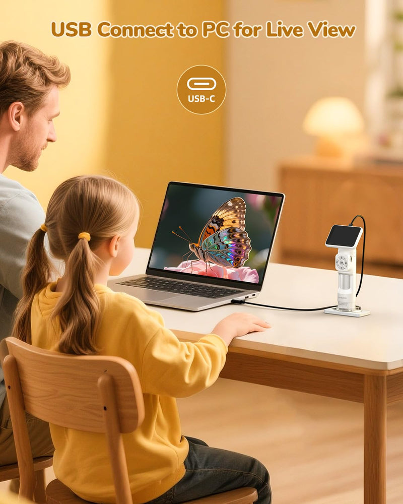JL113 Microscope for Kids Adults with 2.8" IPS Screen, Handheld Digital Microscope Camera Anti-Shake, 1080P USB Coin Magnifier for Adults with 8 LED Light, Science Kit Kids, PC View, 32GB