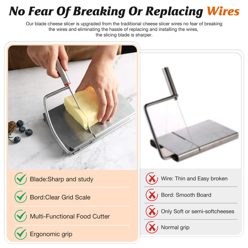 Cheese Slicer Cutter, Stainless Steel Cheese Cutter Board with Blade for Block Cheese, Vegetables, Butter, Sausages, Bread