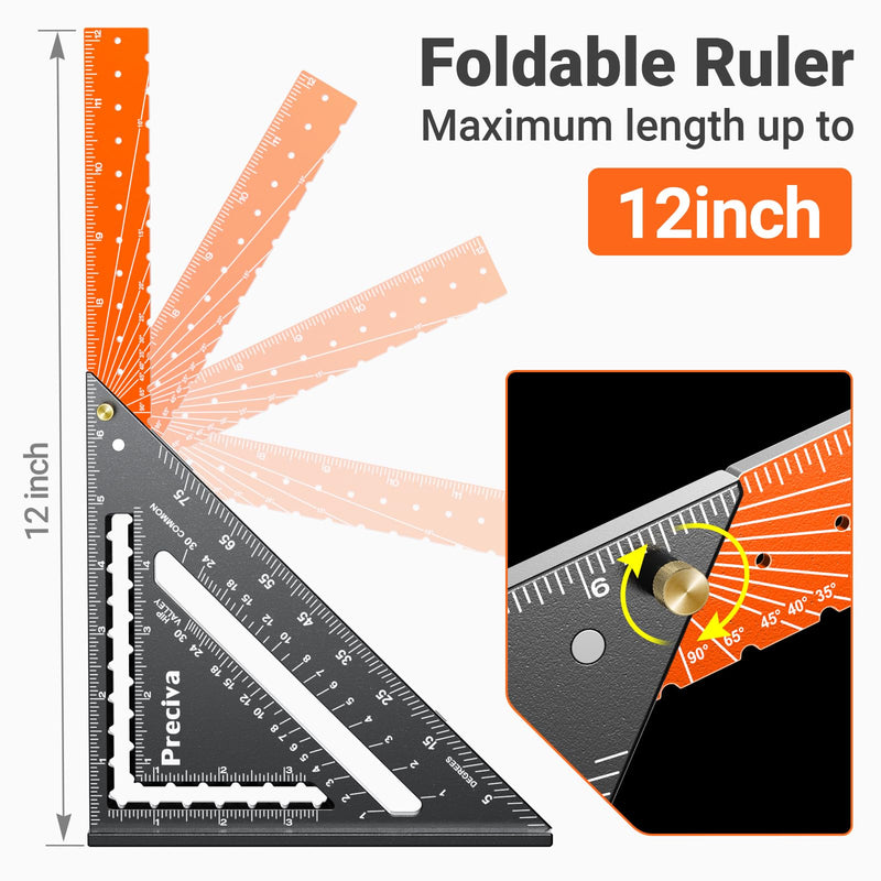 Preciva Foldable Carpenter Square Ruler, 12" (1/16" Scale) Aluminum Alloy Rafter Square Multi-Purpose Carpenter Tool Measuring Layout Tool for Woodworking and Carpentry, Includes Pencil