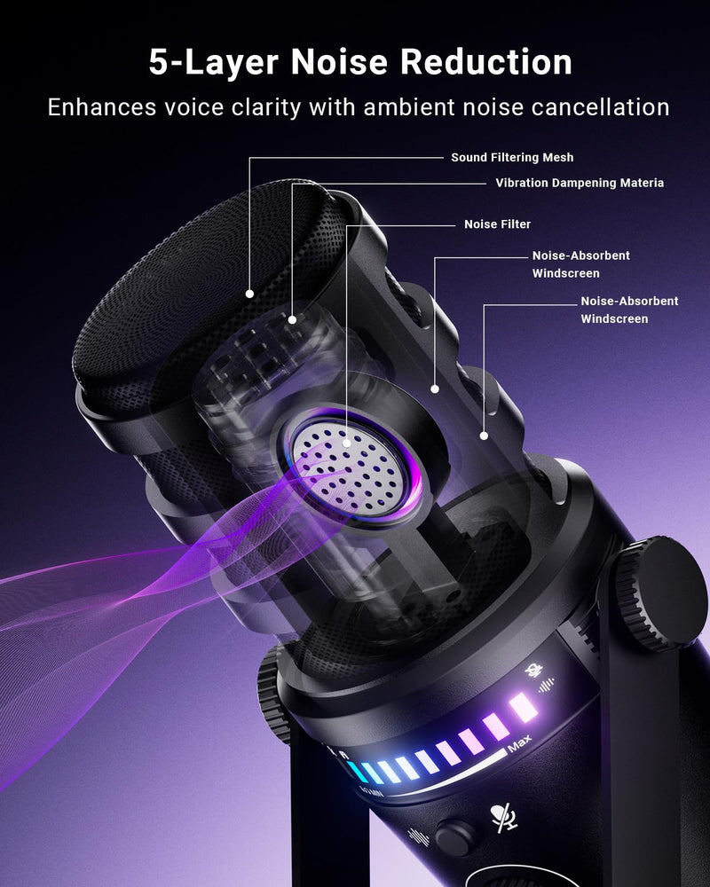 Streaming Microphone for Discord, RGB Mic for PC | Supercardioid pickup, noise cancellation, one-tap mute, gain control, 3.5mm jack, podcast, smartphone compatible