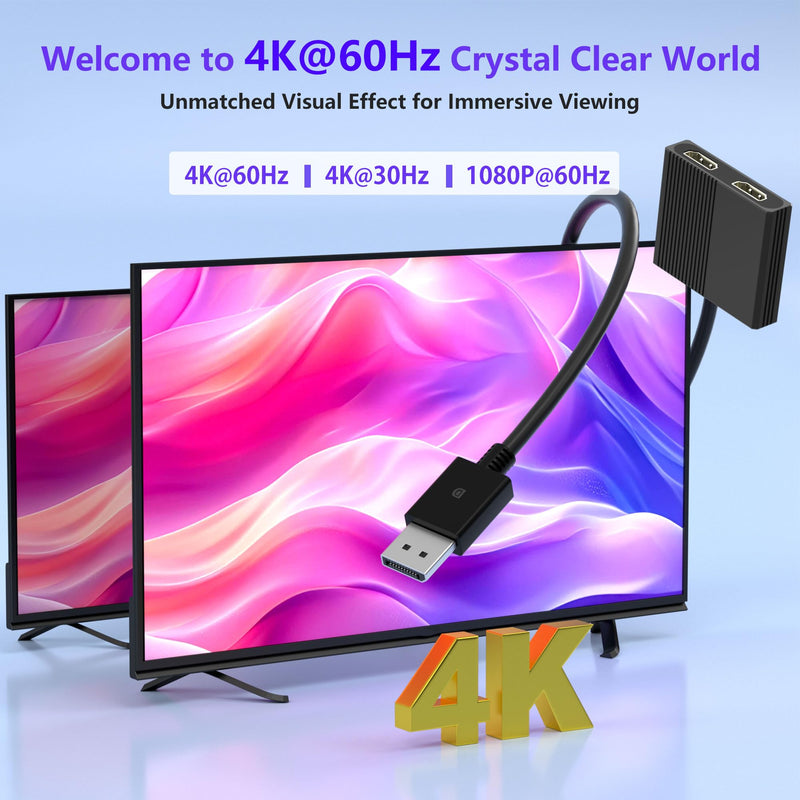 HDMI Splitter Extended Display, DisplayPort to Dual HDMI Adapter for 2 Monitors, DP Source to HDMI Splitter 1 in 2 Out, Display Port Splitter MST Hub for Desktop Laptop NVIDIA AMD Graphics Card Black