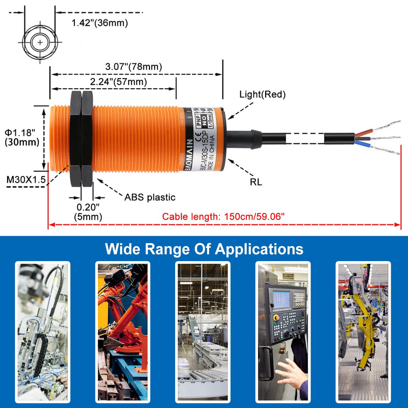 Baomain Capacitive Proximity Sensor, Cylindrical M30 Plastic, Sn 15 mm, 3-Wire PNP Output, VDC Input, NO Contacts, Cable 2 mm BMC-M30S-15DP