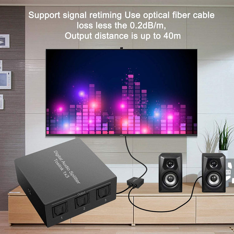 3 Port Toslink Splitter with Optical Cable (1 In 3 Out) Premium Quality Digital Optical Audio Splitter Aluminum Alloy SPDIF Toslink Fiber Audio Splitter Support Dolby Digital DTS 5.1 PCM Stereo LPCM Optical Splitter 1 in 3 Out