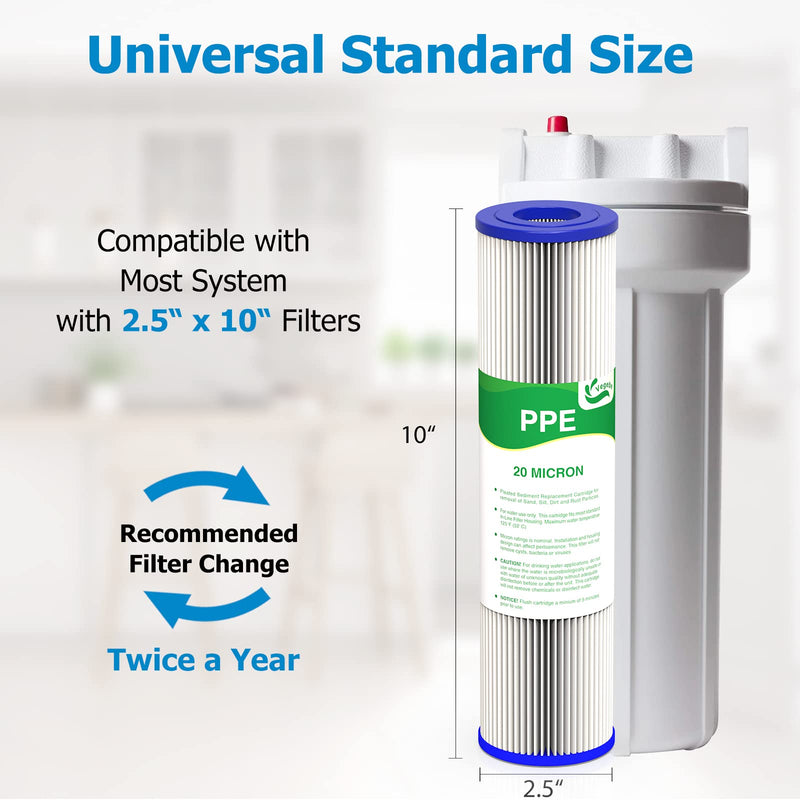 20 Micron Water Filter 10" x 2.5", 10-inch Whole House Sediment Pre-Filters for Well & Tap water, Replacement Cartridge for FXWPC, EQ-PFC35, ECP5-10, S1, 3WH-STDPL-F02, SPC-25-1005, 6-Pack