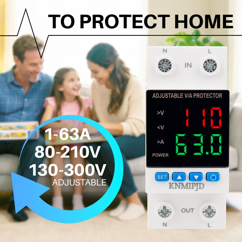 Adjustable Voltage Protector AC/DC 110V 63Amp Smart Breaker Adjustable Over Under Voltage Protection Double LED Display Voltage Current Intelligent Relays Reset Prote