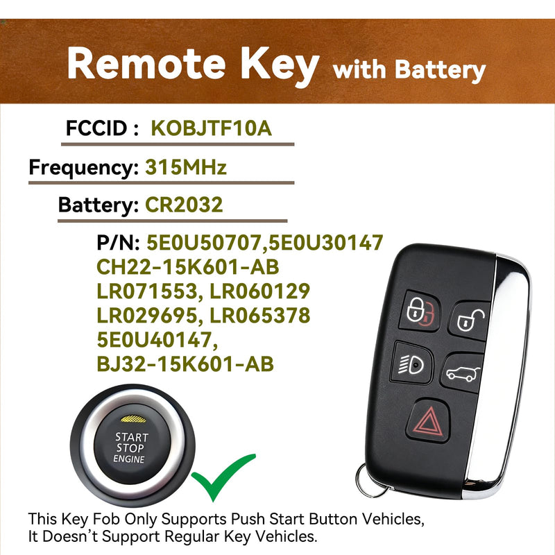 Key Fob Remote 315MHz for Land Rover Jaguar 2011-2019 KOBJTF10A | 1PCS 5 Button Smart Remote, Fits Range Rover Evoque Sport Discovery LR2 LR4, Jaguar F-Type XE XF XJ, Includes Emergency Key